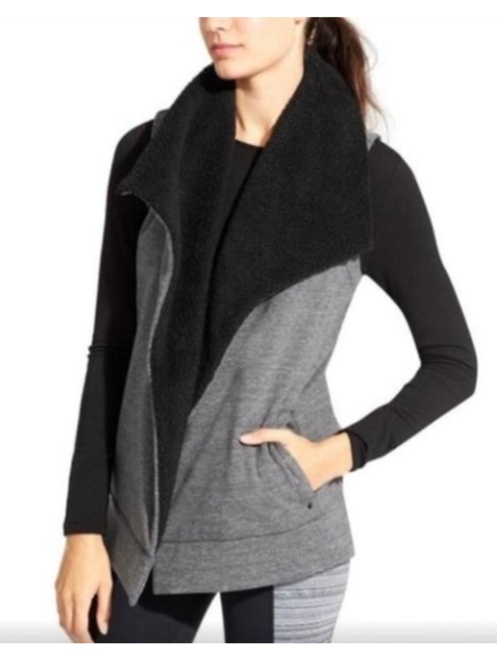 Athleta Apres Anything Cozy Sherpa Collar Vest in Heather Gray and Black